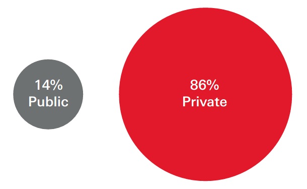 Figure 5: Privately vs publicly owned companies - Number of US companies worth > USD 100mn
